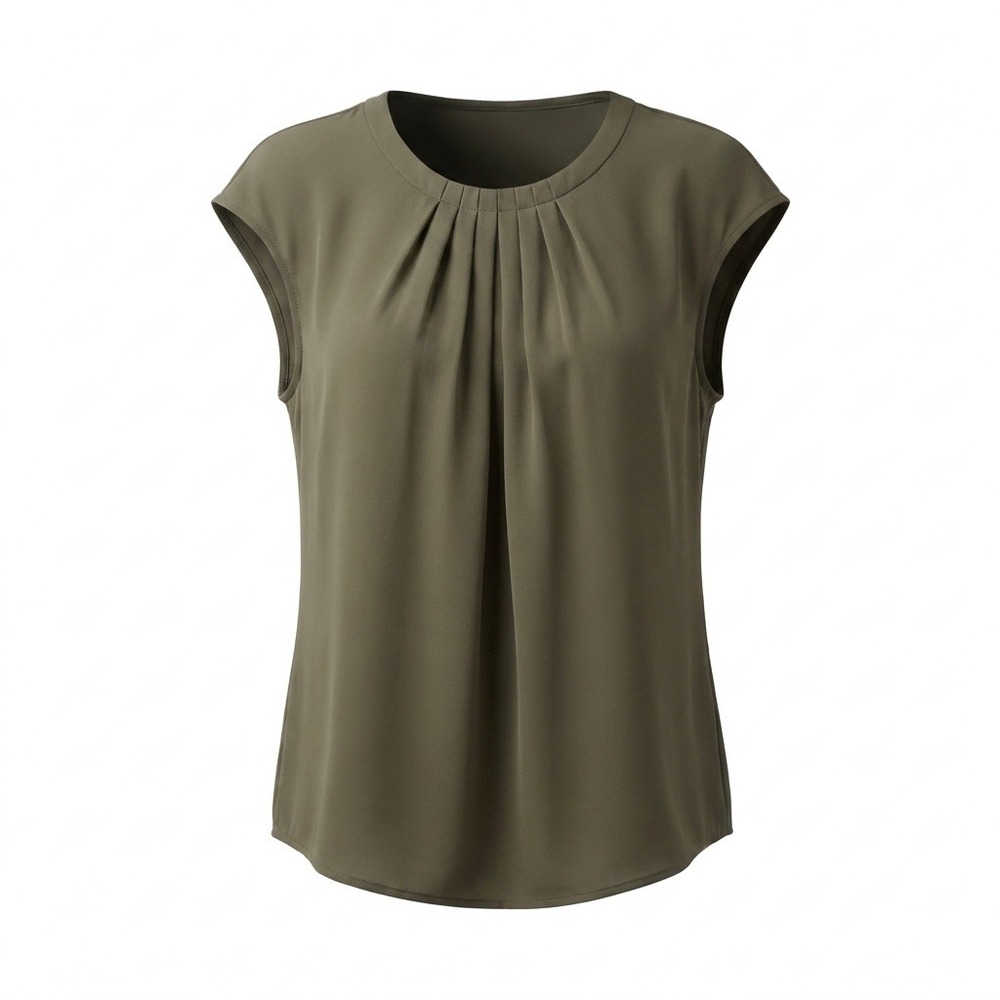 Liz Claiborne Dressy Office Olive Green Pleated Blouse with Cap Sleeves Large